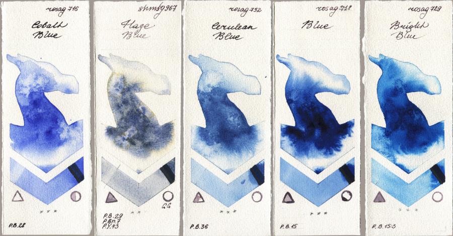 Rosa Gallery 716 Cobalt Blue vs Shminke Horadam Aquarell 967 Haze Blue vs 752 Cerulean Blue vs 718 Blue vs 729 Bright Blue watercolor swatch