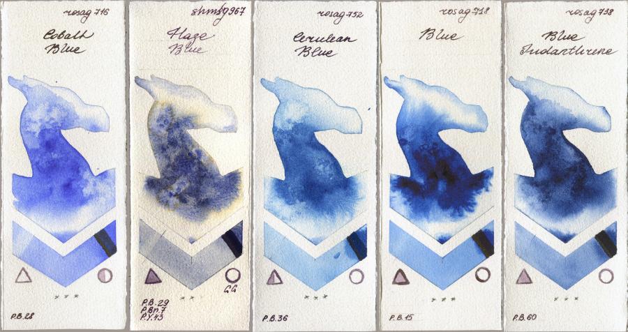 Rosa Gallery 716 Cobalt Blue vs Shminke Horadam Aquarell 967 Haze Blue vs 752 Cerulean Blue vs 718 Blue vs 738 Blue Indanthrone watercolor swatch