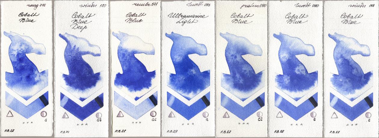 Rosa Gallery 716 Cobalt Blue, Winsor & Newton Professional 180 Cobalt Blue Deep, Royal Talens Rembrandt Watercolour 511 Cobalt Blue, Holbein Artists Watercolor 093 Ultramarine Light, M. Graham & Co. Artists 090 Cobalt Blue, 090 Cobalt Blue, 178 Cobalt Bl watercolor swatch