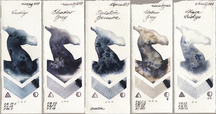 Rosa Gallery 717 Indigo vs Roman Szmal Aquarius 259 Shadow Grey vs Daniel Smith 179 Sodalite Genuine vs 262 Urban Grey vs Shminke Horadam Aquarell 968 Haze Indigo watercolor swatch