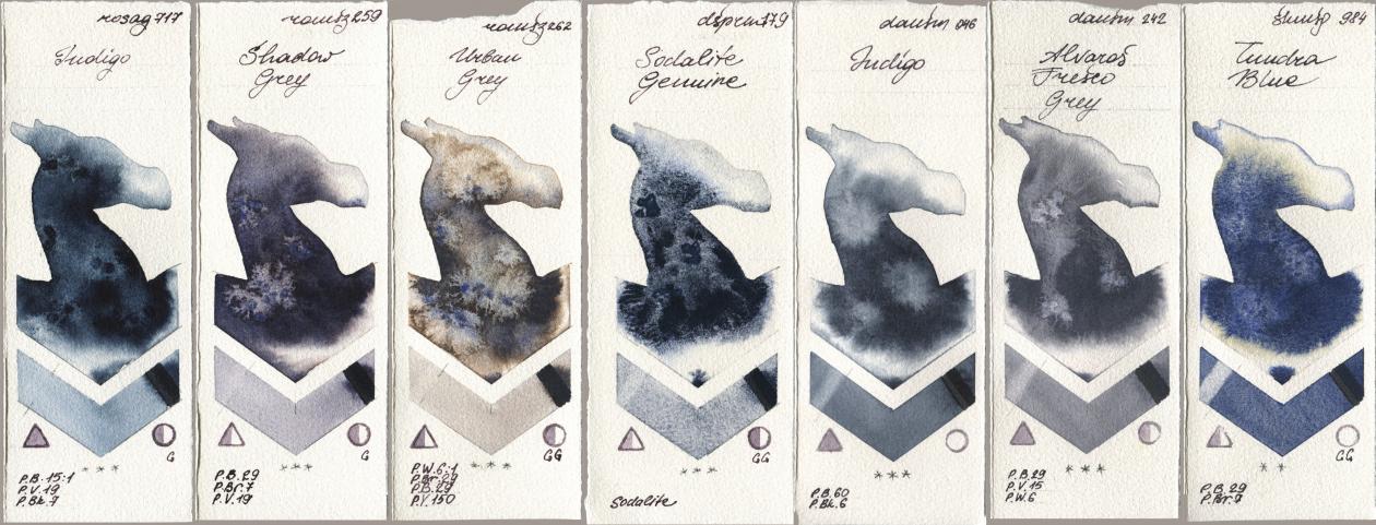 Rosa Gallery 717 Indigo, Roman Szmal Aquarius 259 Shadow Grey, 262 Urban Grey, Daniel Smith 179 Sodalite Genuine, 046 Indigo, 242 Alvaros Fresco Grey, Shminke Horadam Aquarell 984 Tundra Bl watercolor swatch