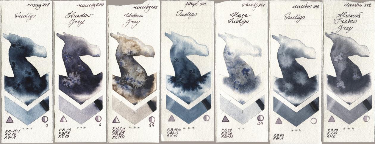 Rosa Gallery 717 Indigo, Roman Szmal Aquarius 259 Shadow Grey, 262 Urban Grey, Golden QOR 305 Indigo, Shminke Horadam Aquarell 968 Haze Indigo, Daniel Smith 046 Indigo, 242 Alvaros Fresco Gr watercolor swatch