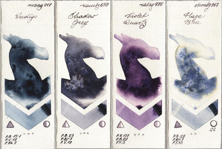 Rosa Gallery 717 Indigo vs Roman Szmal Aquarius 259 Shadow Grey vs 785 Violet Quartz vs Shminke Horadam Aquarell 967 Haze Blue watercolor swatch