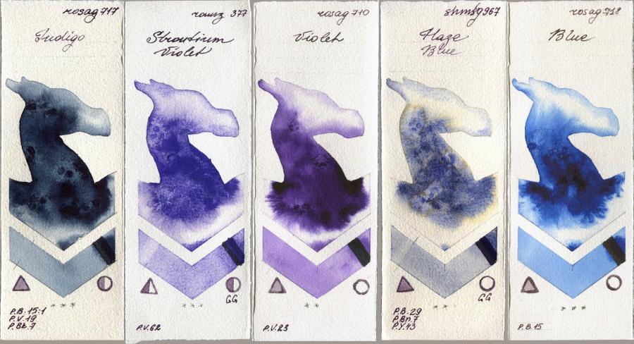Rosa Gallery 717 Indigo vs Roman Szmal Aquarius 377 Strontium Violet vs 710 Violet vs Shminke Horadam Aquarell 967 Haze Blue vs 718 Blue watercolor swatch