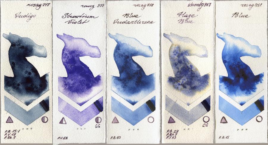 Rosa Gallery 717 Indigo vs Roman Szmal Aquarius 377 Strontium Violet vs 738 Blue Indanthrone vs Shminke Horadam Aquarell 967 Haze Blue vs 718 Blue watercolor swatch
