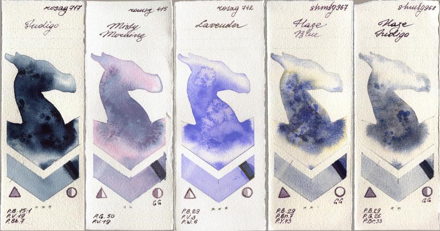Rosa Gallery 717 Indigo vs Roman Szmal Aquarius 415 Misty Morning vs 742 Lavender vs Shminke Horadam Aquarell 967 Haze Blue vs 968 Haze Indigo watercolor swatch