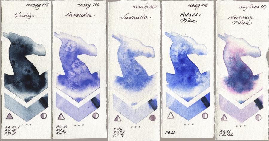 Rosa Gallery 717 Indigo vs 742 Lavender vs Roman Szmal Aquarius 227 Lavenda vs 716 Cobalt Blue vs Mijello Mission Gold 814 Aurora Pink watercolor swatch