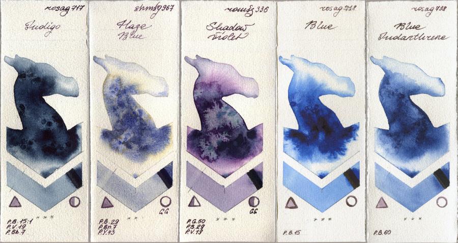 Rosa Gallery 717 Indigo vs Shminke Horadam Aquarell 967 Haze Blue vs Roman Szmal Aquarius 336 Shadow Violet vs 718 Blue vs 738 Blue Indanthrone watercolor swatch