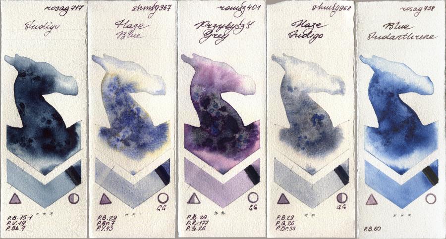 Rosa Gallery 717 Indigo vs Shminke Horadam Aquarell 967 Haze Blue vs Roman Szmal Aquarius 401 Przybyszs Grey vs 968 Haze Indigo vs 738 Blue Indanthrone watercolor swatch