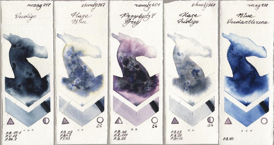 Rosa Gallery 717 Indigo vs Shminke Horadam Aquarell 967 Haze Blue vs Roman Szmal Aquarius 401 Przybyszs Grey vs 968 Haze Indigo vs 738 Blue Indanthrone watercolor swatch