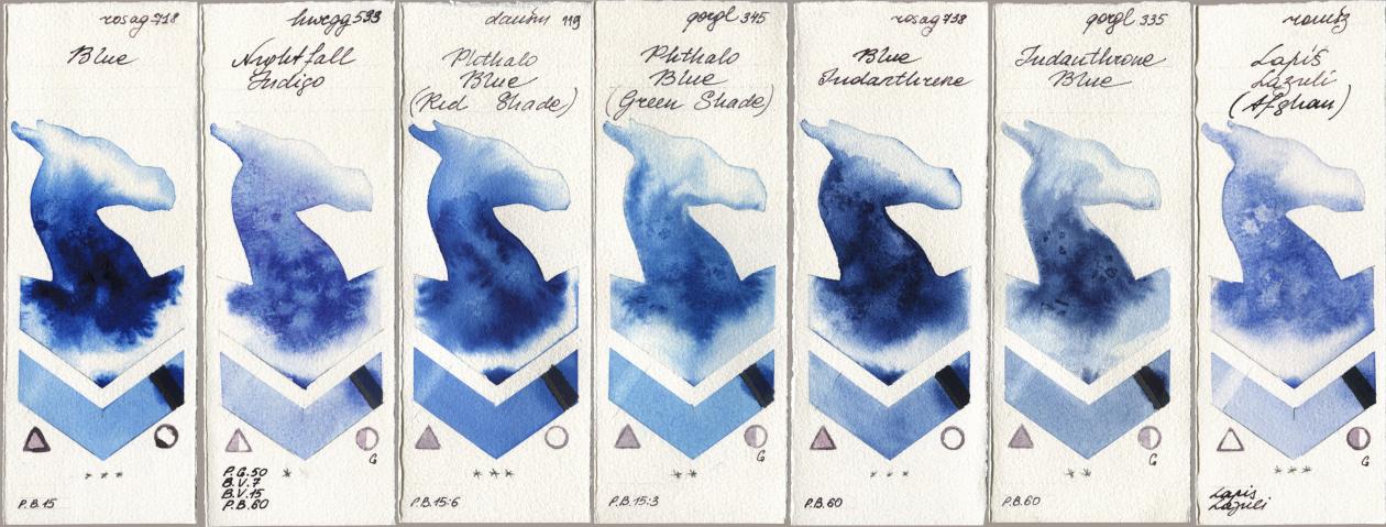 Rosa Gallery 718 Blue, Holbein Artists Watercolor 533 Nightfall Indigo, Daniel Smith 119 Phthalo Blue (Red Shade), Golden QOR 345 Phthalo Blue (Green Shade), 738 Blue Indanthrene, 335 Indanthrone Blue, Roman Szmal Aquarius 999 Lapis Lazuli Afgh watercolor swatch