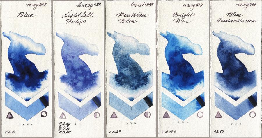Rosa Gallery 718 Blue vs Holbein Artists Watercolor 533 Nightfall Indigo vs Kuretake Gansai Tambi 066 Prussian Blue vs 729 Bright Blue vs 738 Blue Indanthrone watercolor swatch