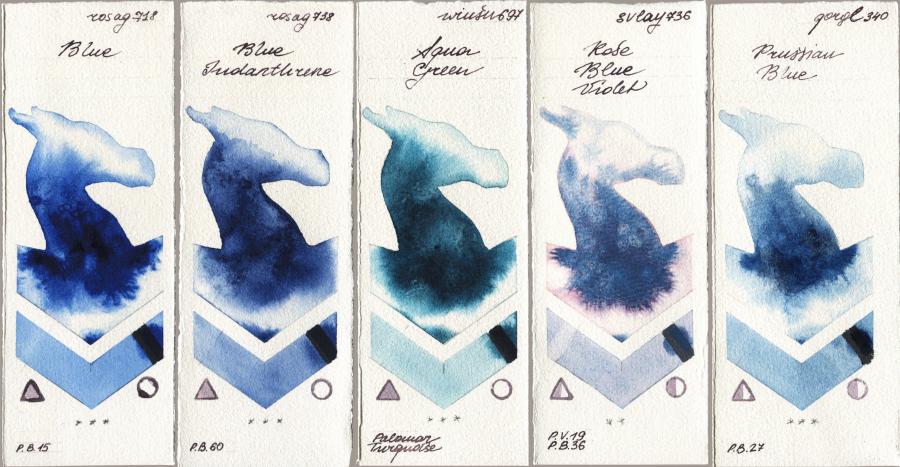 Rosa Gallery 718 Blue vs 738 Blue Indanthrone vs Winsor & Newton Professional 697 Aqua Green vs SuperVision 736 Rose Blue Violet vs Golden QOR 340 Prussian Blue watercolor swatch