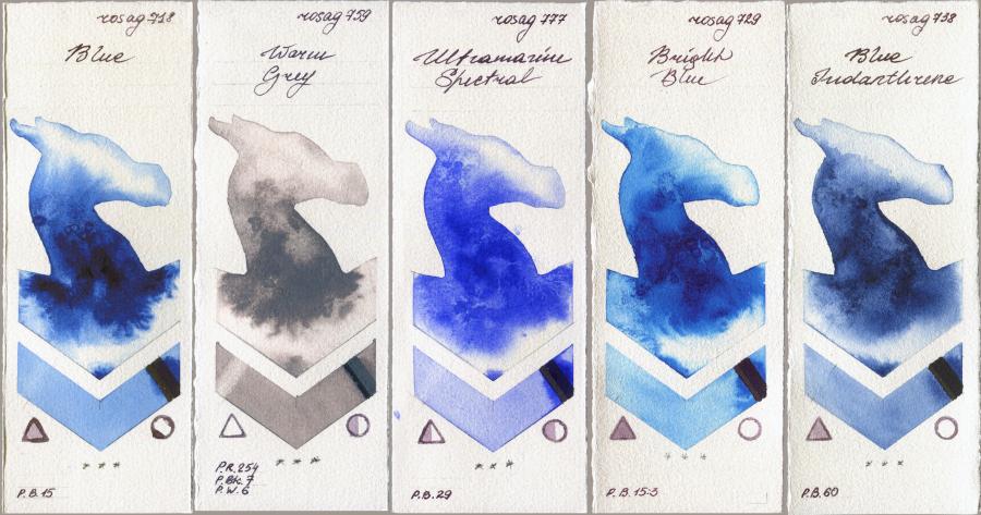 Rosa Gallery 718 Blue vs 759 Warm Grey vs 777 Ultramarine Spectral vs 729 Bright Blue vs 738 Blue Indanthrone watercolor swatch