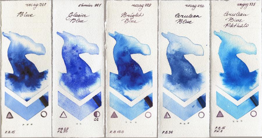 Rosa Gallery 718 Blue vs Shminke Horadam Aquarell 961 Glacier Blue vs 729 Bright Blue vs 752 Cerulean Blue vs Royal Talens Van Gogh Watercolour 535 Cerulean Blue Phthalo watercolor swatch