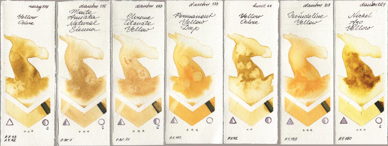 Rosa Gallery 719 Yellow Ochre, Daniel Smith 056 Monte Amiata Natural Sienna, 253 Chrome Titanate Yellow, 133 Permanent Yellow Deep, Kuretake Gansai Tambi 044 Yellow Ochre, 218 Isoindoline Yellow, 061 Nickel Azo Yell watercolor swatch