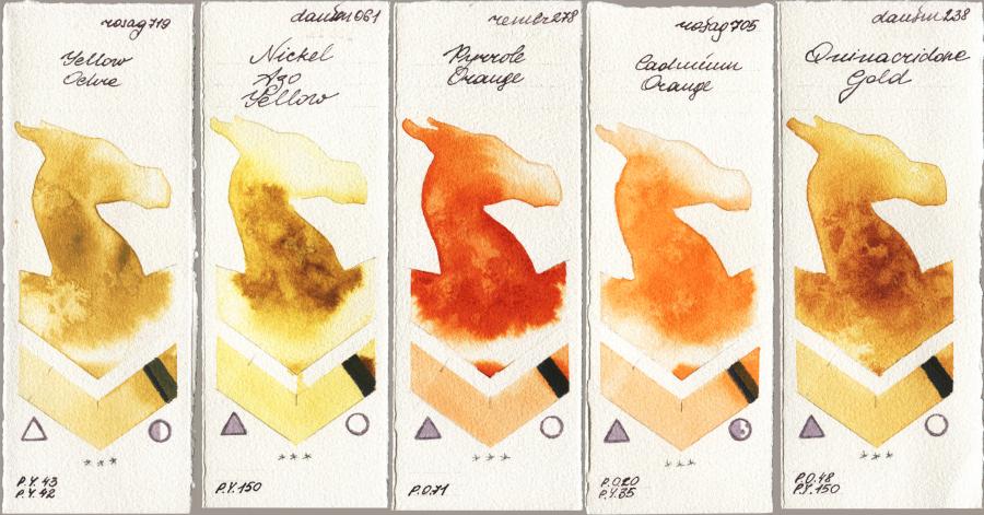 Rosa Gallery 719 Yellow Ochre vs Daniel Smith 061 Nickel Azo Yellow vs Royal Talens Rembrandt Watercolour 278 Pyrrole Orange vs 705 Cadmium Orange vs 238 Quinacridone Gold watercolor swatch