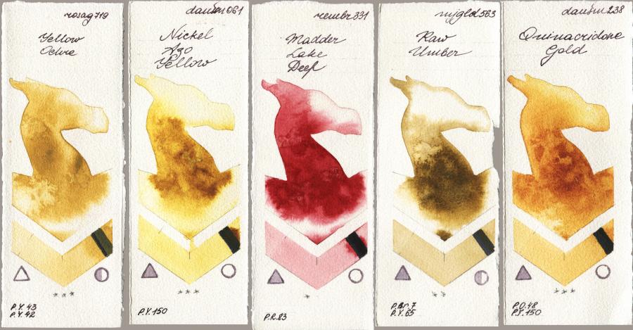 Rosa Gallery 719 Yellow Ochre vs Daniel Smith 061 Nickel Azo Yellow vs Royal Talens Rembrandt Watercolour 331 Madder Lake Deep vs Mijello Mission Gold 563 Raw Umber vs 238 Quinacridone Gold watercolor swatch