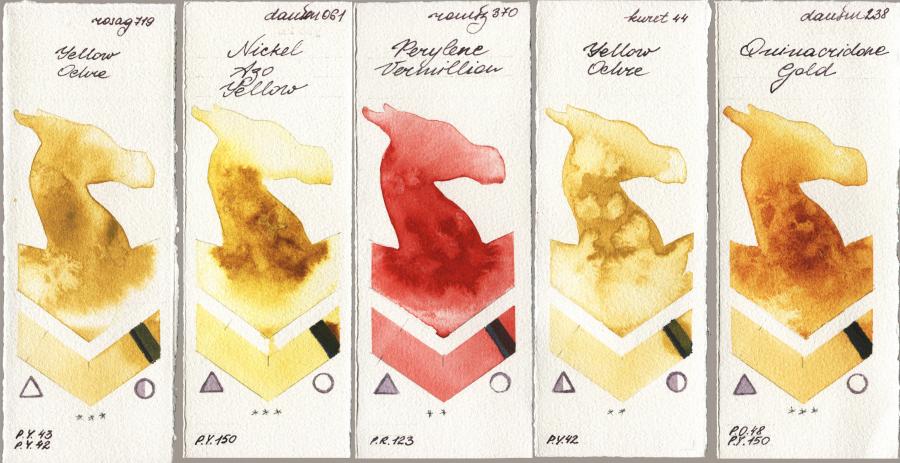 Rosa Gallery 719 Yellow Ochre vs Daniel Smith 061 Nickel Azo Yellow vs Roman Szmal Aquarius 370 Perylene Vermillion vs Kuretake Gansai Tambi 044 Yellow Ochre vs 238 Quinacridone Gold watercolor swatch