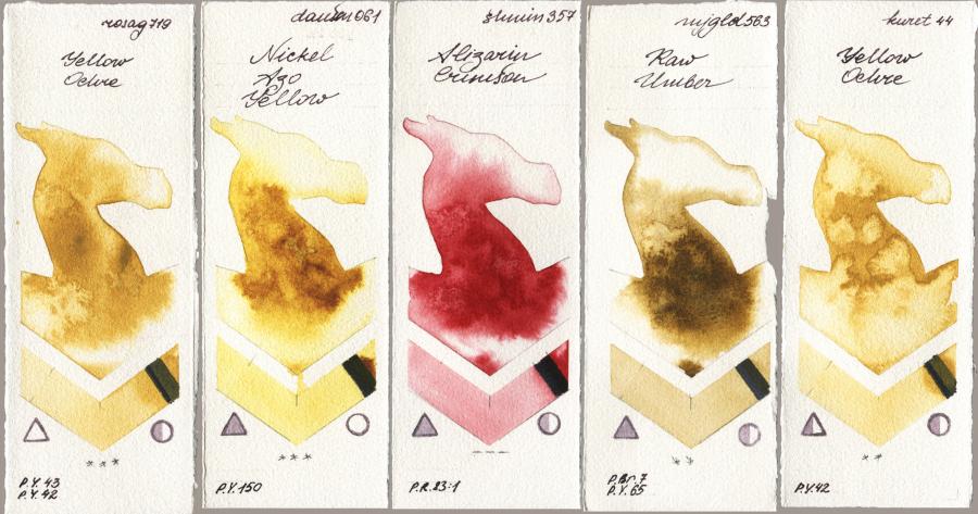 Rosa Gallery 719 Yellow Ochre vs Daniel Smith 061 Nickel Azo Yellow vs Shminke Horadam Aquarell 357 Alizarin Crimson vs Mijello Mission Gold 563 Raw Umber vs Kuretake Gansai Tambi 044 Yellow Ochre watercolor swatch