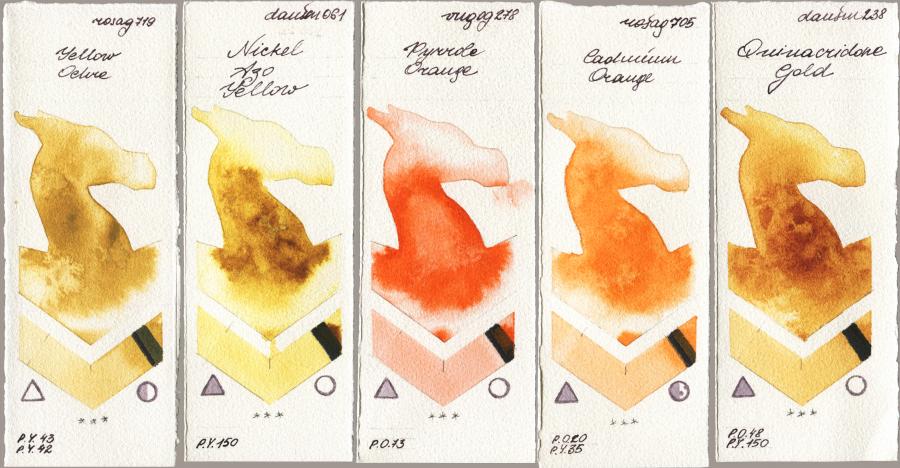 Rosa Gallery 719 Yellow Ochre vs Daniel Smith 061 Nickel Azo Yellow vs Royal Talens Van Gogh Watercolour 278 Pyrrole Orange vs 705 Cadmium Orange vs 238 Quinacridone Gold watercolor swatch
