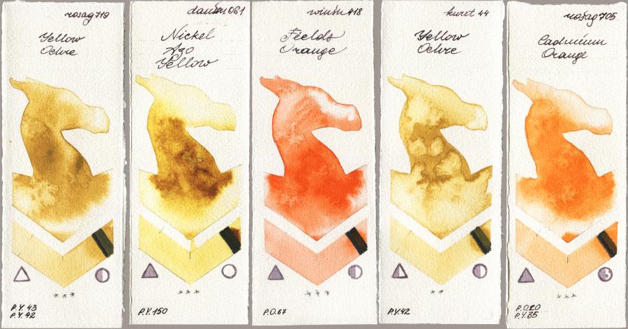 Rosa Gallery 719 Yellow Ochre vs Daniel Smith 061 Nickel Azo Yellow vs Winsor & Newton Professional 418 Fields Orange vs Kuretake Gansai Tambi 044 Yellow Ochre vs 705 Cadmium Orange watercolor swatch