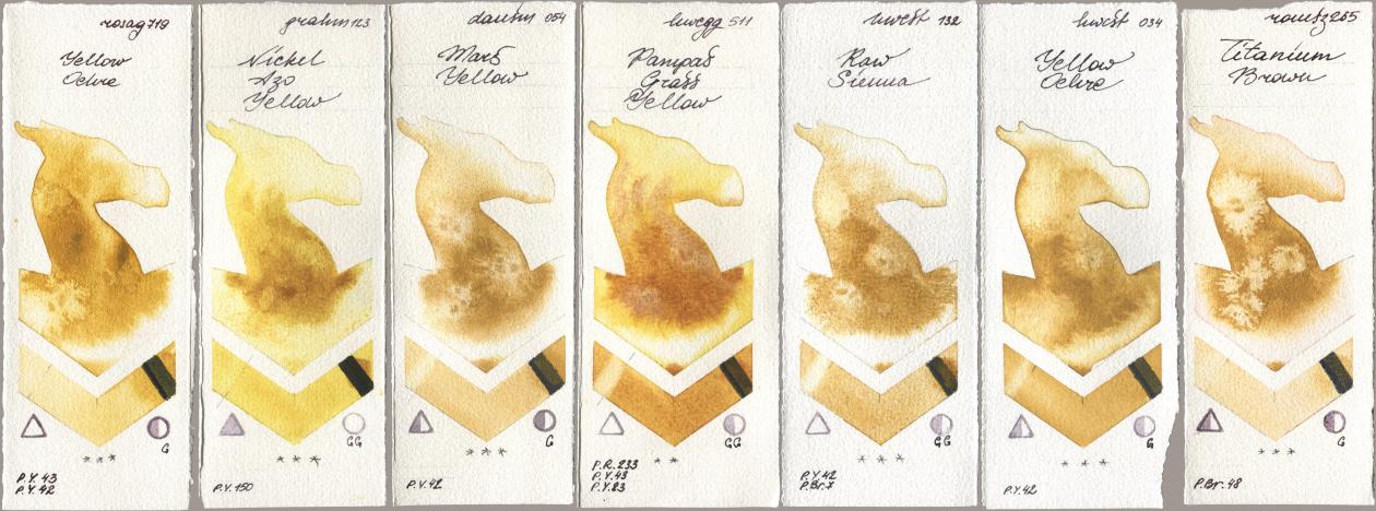 Rosa Gallery 719 Yellow Ochre, M. Graham & Co. Artists 123 Nickel Azo Yellow, Daniel Smith 054 Mars Yellow, Holbein Artists Watercolor 511 Pampas Grass Yellow, 132 Raw Sienna, 034 Yellow Ochre, Roman Szmal Aquarius 265 Titanium Bro watercolor swatch