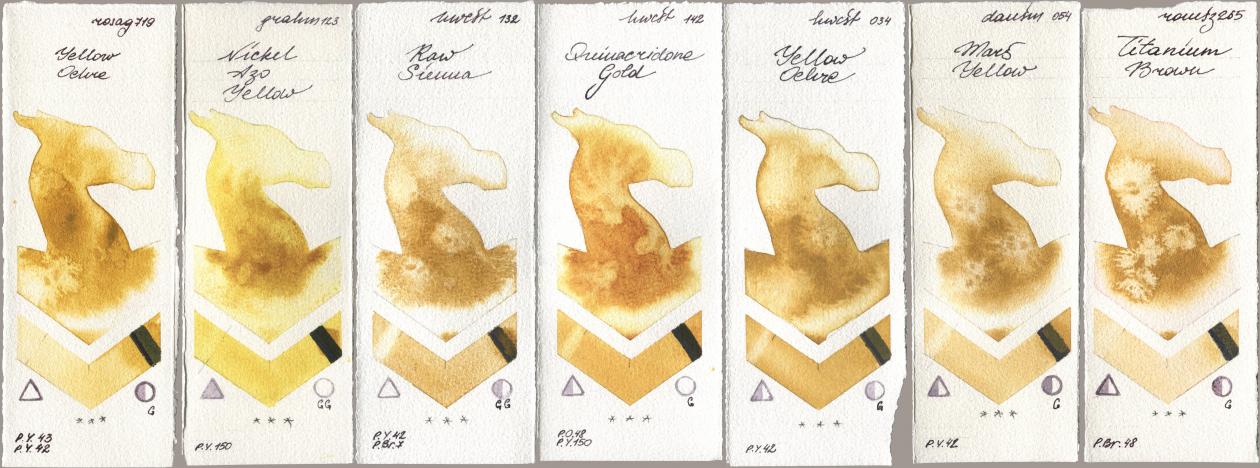 Rosa Gallery 719 Yellow Ochre, M. Graham & Co. Artists 123 Nickel Azo Yellow, Holbein Artists Watercolor 132 Raw Sienna, 142 Quinacridone Gold, 034 Yellow Ochre, Daniel Smith 054 Mars Yellow, Roman Szmal Aquarius 265 Titanium Bro watercolor swatch