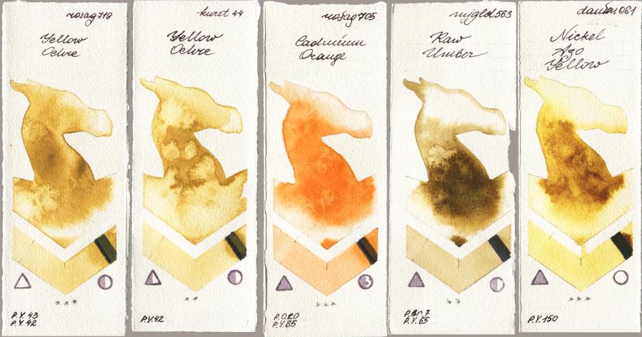 Rosa Gallery 719 Yellow Ochre vs Kuretake Gansai Tambi 044 Yellow Ochre vs 705 Cadmium Orange vs Mijello Mission Gold 563 Raw Umber vs Daniel Smith 061 Nickel Azo Yellow watercolor swatch
