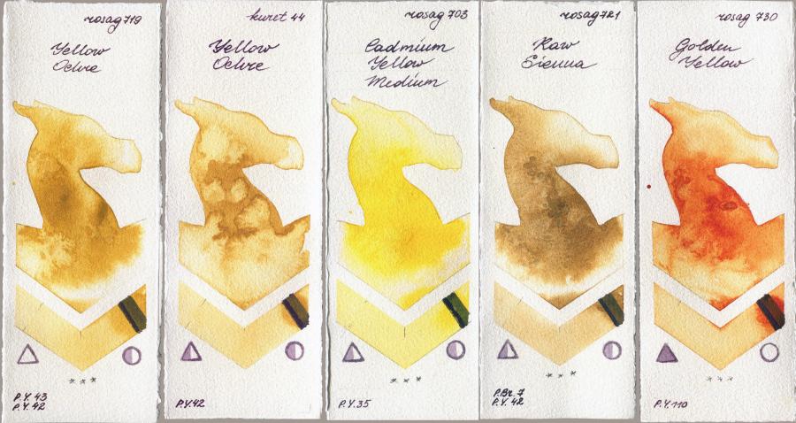 Rosa Gallery 719 Yellow Ochre vs Kuretake Gansai Tambi 44 Yellow Ochre vs 703 Cadmium Yellow Medium vs 721 Raw Sienna vs 730 Golden Yellow watercolor swatch