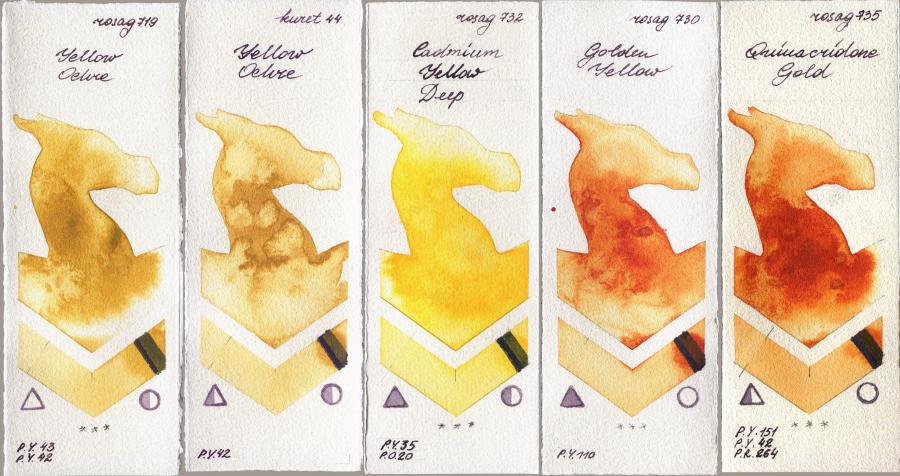 Rosa Gallery 719 Yellow Ochre vs Kuretake Gansai Tambi 44 Yellow Ochre vs 732 Cadmium Yellow Deep vs 730 Golden Yellow vs 735 Quinacridone Gold watercolor swatch