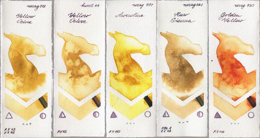 Rosa Gallery 719 Yellow Ochre vs Kuretake Gansai Tambi 44 Yellow Ochre vs 751 Aureoline vs 721 Raw Sienna vs 730 Golden Yellow watercolor swatch