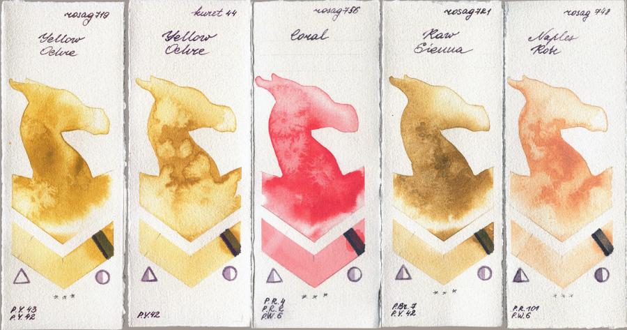 Rosa Gallery 719 Yellow Ochre vs Kuretake Gansai Tambi 44 Yellow Ochre vs 756 Coral vs 721 Raw Sienna vs 748 Naples Rose watercolor swatch