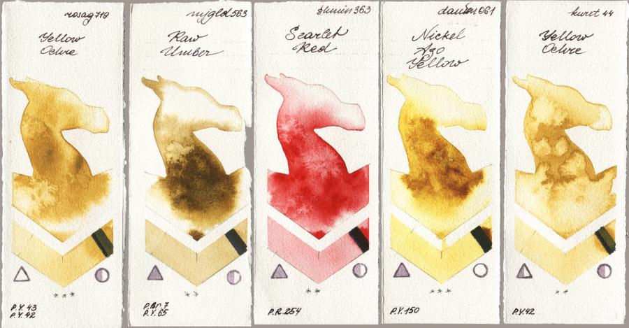 Rosa Gallery 719 Yellow Ochre vs Mijello Mission Gold 563 Raw Umber vs Shminke Horadam Aquarell 363 Scarlet Red vs Daniel Smith 061 Nickel Azo Yellow vs Kuretake Gansai Tambi 044 Yellow Ochre watercolor swatch