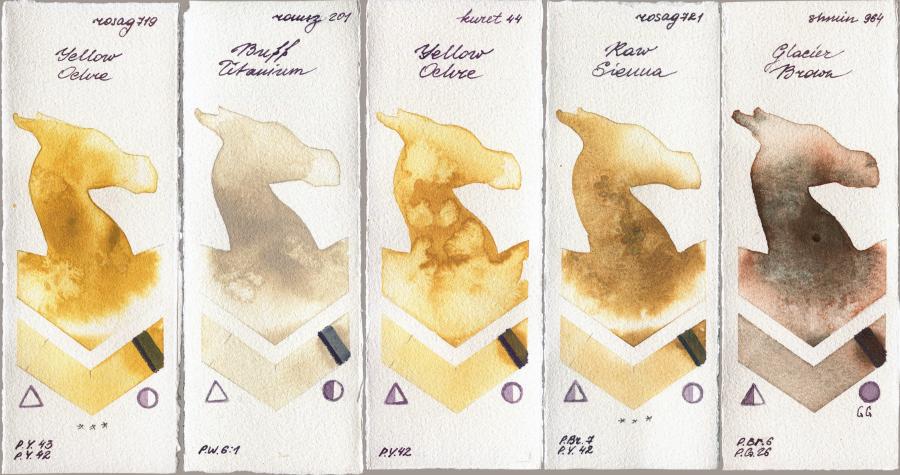 Rosa Gallery 719 Yellow Ochre vs Roman Szmal Aquarius 201 Buff Titanium vs Kuretake Gansai Tambi 44 Yellow Ochre vs 721 Raw Sienna vs Shminke Horadam Aquarell 964 Glacier Brown watercolor swatch