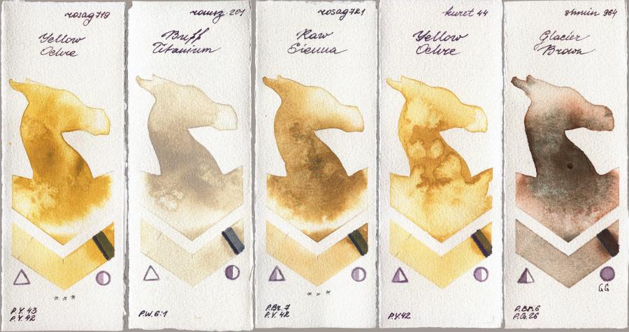 Rosa Gallery 719 Yellow Ochre vs Roman Szmal Aquarius 201 Buff Titanium vs 721 Raw Sienna vs Kuretake Gansai Tambi 44 Yellow Ochre vs Shminke Horadam Aquarell 964 Glacier Brown watercolor swatch