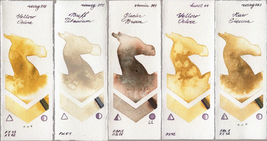 Rosa Gallery 719 Yellow Ochre vs Roman Szmal Aquarius 201 Buff Titanium vs Shminke Horadam Aquarell 964 Glacier Brown vs Kuretake Gansai Tambi 44 Yellow Ochre vs 721 Raw Sienna watercolor swatch