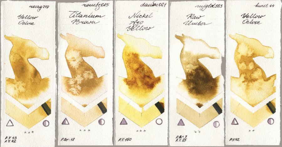 Rosa Gallery 719 Yellow Ochre vs Roman Szmal Aquarius 265 Titanium Brown vs Daniel Smith 061 Nickel Azo Yellow vs Mijello Mission Gold 563 Raw Umber vs Kuretake Gansai Tambi 044 Yellow Ochre watercolor swatch