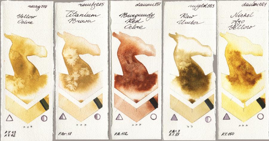 Rosa Gallery 719 Yellow Ochre vs Roman Szmal Aquarius 265 Titanium Brown vs Daniel Smith 151 Burgundy Red Ochre vs Mijello Mission Gold 563 Raw Umber vs 061 Nickel Azo Yellow watercolor swatch