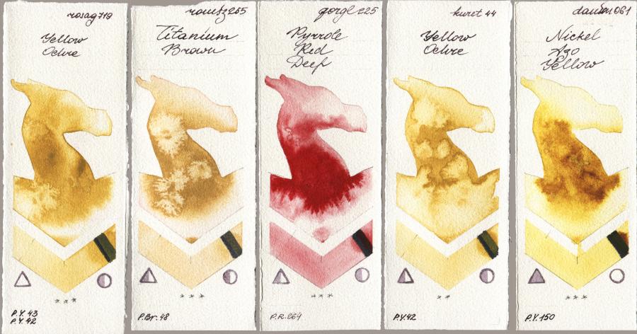 Rosa Gallery 719 Yellow Ochre vs Roman Szmal Aquarius 265 Titanium Brown vs Golden QOR 225 Pyrrole Red Deep vs Kuretake Gansai Tambi 044 Yellow Ochre vs Daniel Smith 061 Nickel Azo Yellow watercolor swatch
