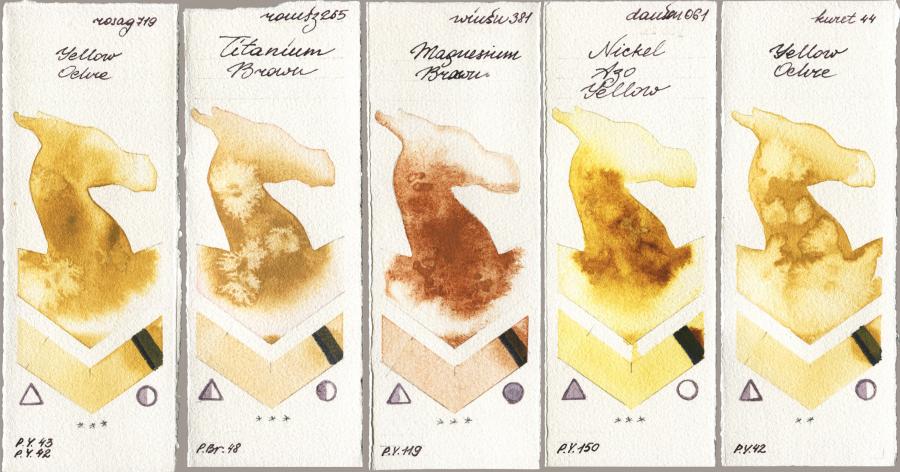Rosa Gallery 719 Yellow Ochre vs Roman Szmal Aquarius 265 Titanium Brown vs Winsor & Newton Professional 381 Magnesuim Brown vs Daniel Smith 061 Nickel Azo Yellow vs Kuretake Gansai Tambi 044 Yellow Ochre watercolor swatch