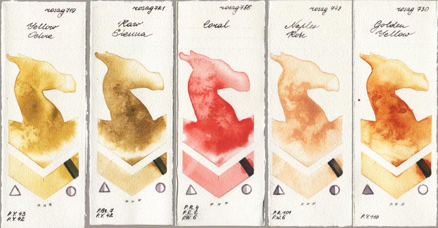Rosa Gallery 719 Yellow Ochre vs 721 Raw Sienna vs 756 Coral vs 748 Naples Rose vs 730 Golden Yellow watercolor swatch