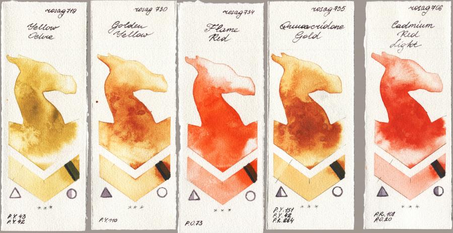 Rosa Gallery 719 Yellow Ochre vs 730 Golden Yellow vs 734 Flame Red vs 735 Quinacridone Gold vs 706 Cadmium Red Light watercolor swatch