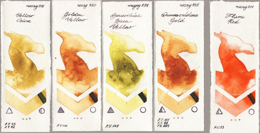 Rosa Gallery 719 Yellow Ochre vs 730 Golden Yellow vs Royal Talens Van Gogh Watercolour 296 Azomethine Green Yellow vs 735 Quinacridone Gold vs 734 Flame Red watercolor swatch