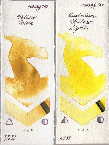 Rosa Gallery 719 Yellow Ochre vs 731 Cadmium Yellow Light watercolor swatch
