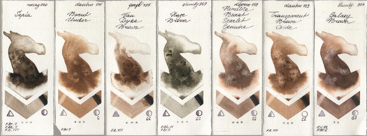 Rosa Gallery 720 Sepia, Daniel Smith 011 Burnt Umber, Golden QOR 495 Van Dyke Brown, Shminke Horadam Aquarell 969 Haze Brown, 158 Hematite Burnt Scarlet Genuine, 129 Transparent Brown Oxide, 974 Galaxy Bro watercolor swatch