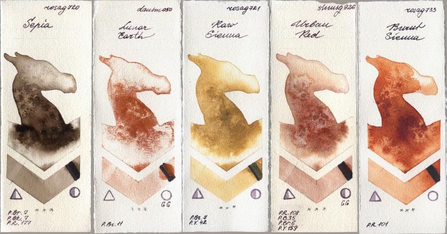 Rosa Gallery 720 Sepia vs Daniel Smith 050 Lunar Earth vs 721 Raw Sienna vs Shminke Horadam Aquarell 926 Urban Red vs 733 Burnt Sienna watercolor swatch