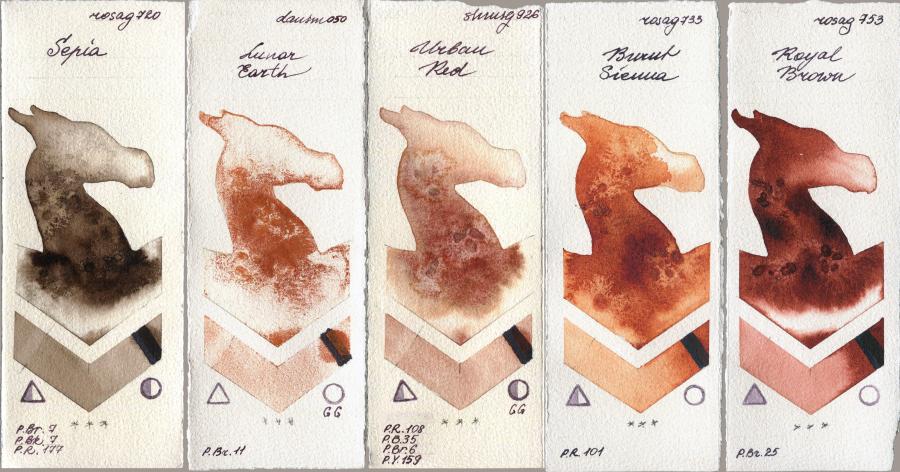 Rosa Gallery 720 Sepia vs Daniel Smith 050 Lunar Earth vs Shminke Horadam Aquarell 926 Urban Red vs 733 Burnt Sienna vs 753 Royal Brown watercolor swatch