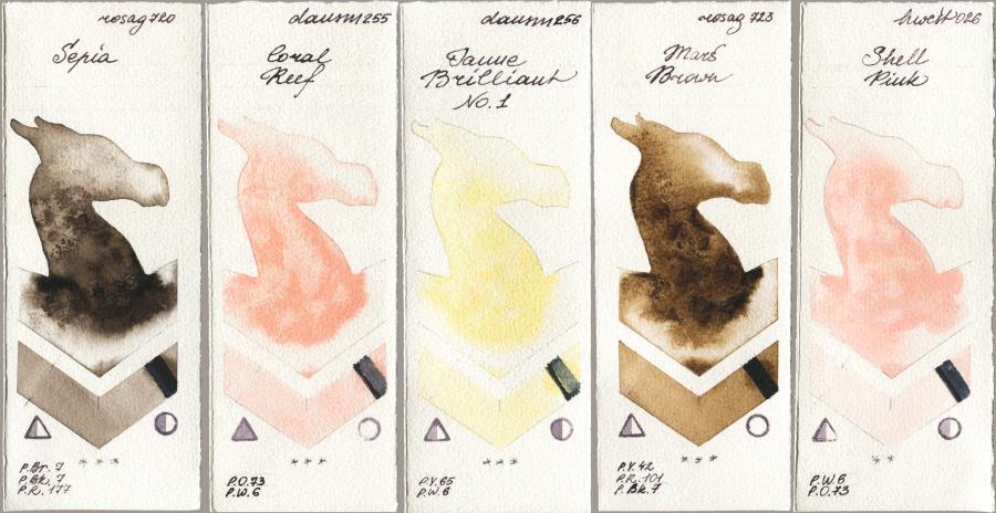 Rosa Gallery 720 Sepia vs Daniel Smith 255 Coral Reef vs 256 Jaune Brilliant No 1 vs 723 Mars Brown vs Holbein Artists Watercolor 026 Shell Pink watercolor swatch