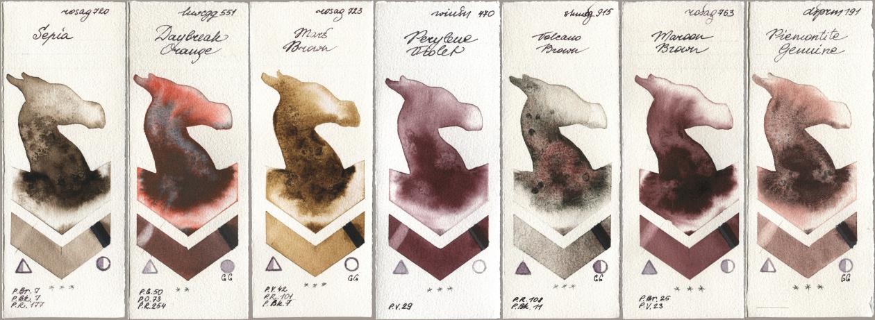 Rosa Gallery 720 Sepia, Holbein Artists Watercolor 551 Daybreak Orange, 723 Mars Brown, Winsor & Newton Professional 470 Perylene Violet, Shminke Horadam Aquarell 915 Volcano Brown, 763 Maroon Brown, Daniel Smith 191 Piemontite Genui watercolor swatch